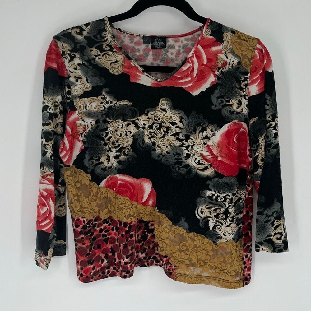 LR Women’s Boho Artsy Knit Top L Silk Black Red Floral Baroque Y2K Long Sleeve